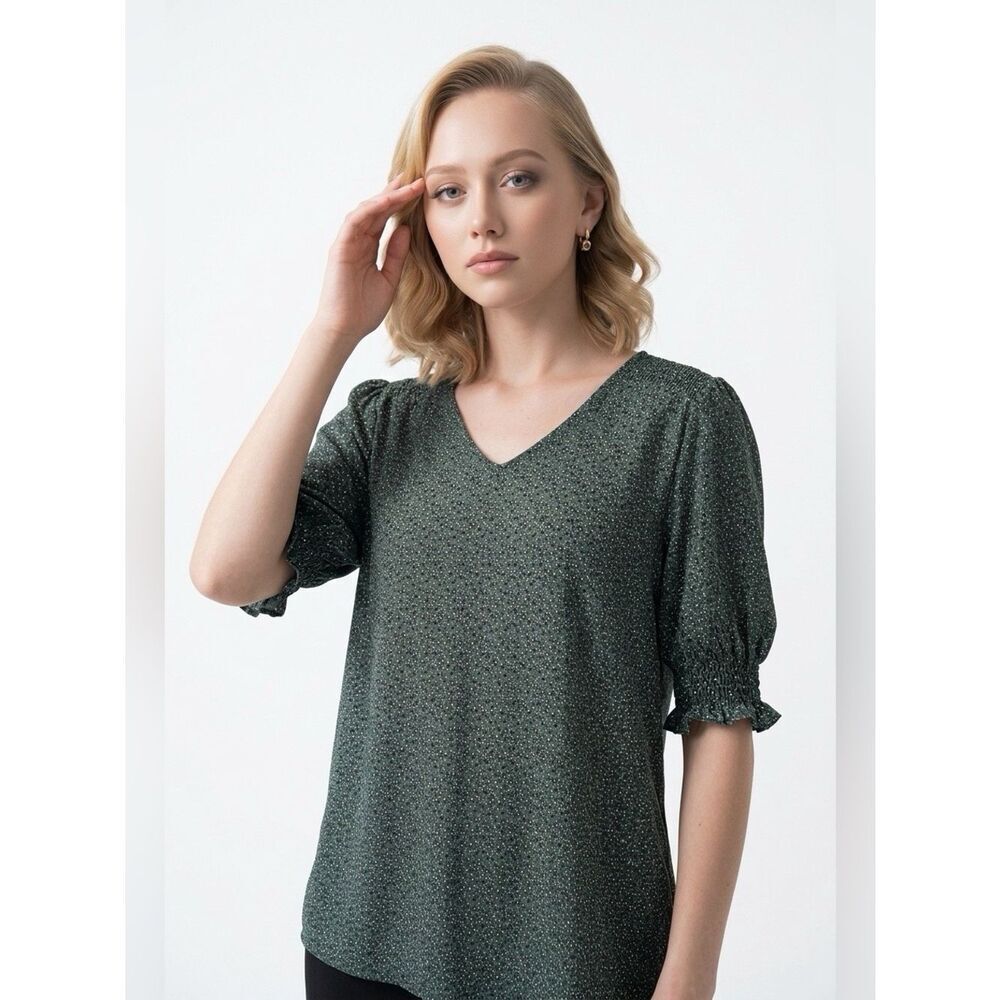 Adrianna Papell Olive Green Ditsy V-Neck Blouse (rack15)
